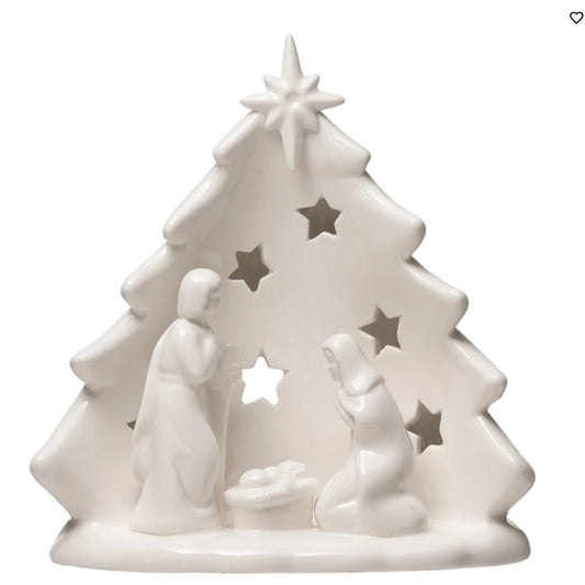 STONEWARE HOLY FAMILY W/TREE CUTOUTS