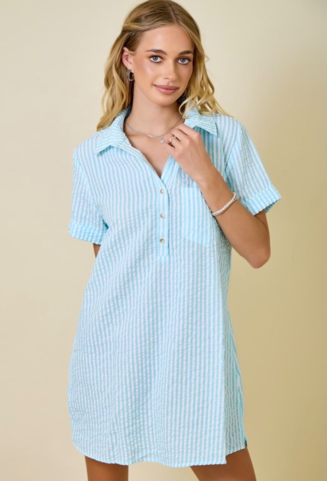 Striped Seersucker Easy Shirt Dress w Pockets