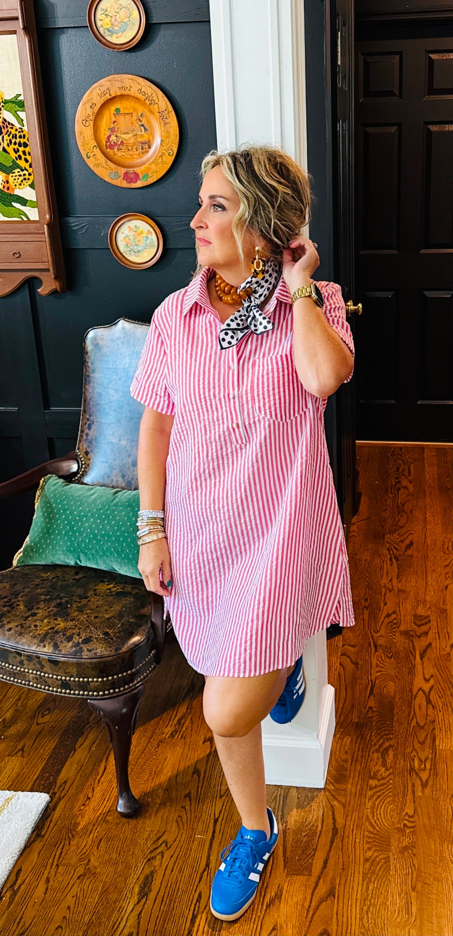 Striped Seersucker Easy Shirt Dress w Pockets
