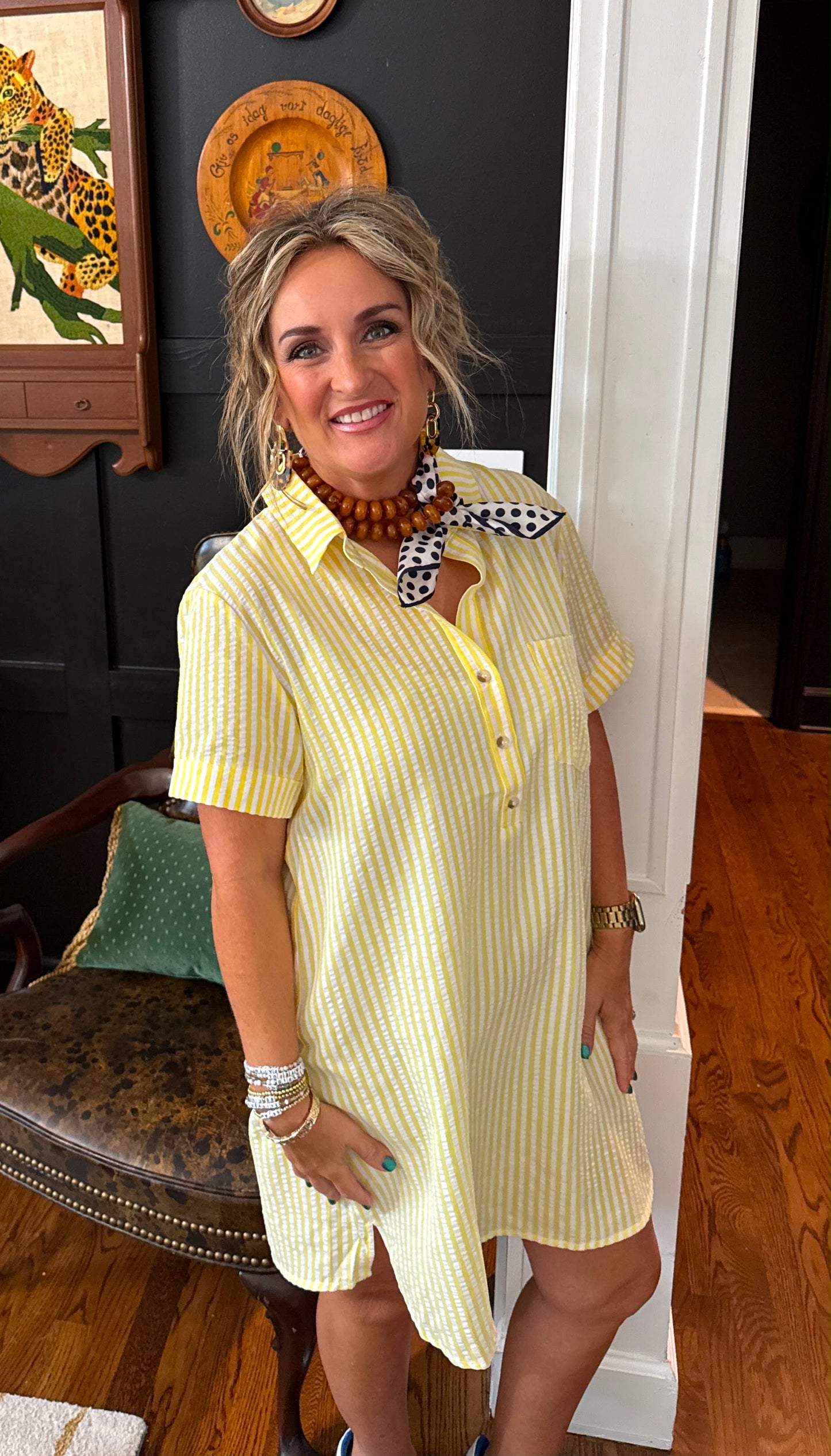 Striped Seersucker Easy Shirt Dress w Pockets