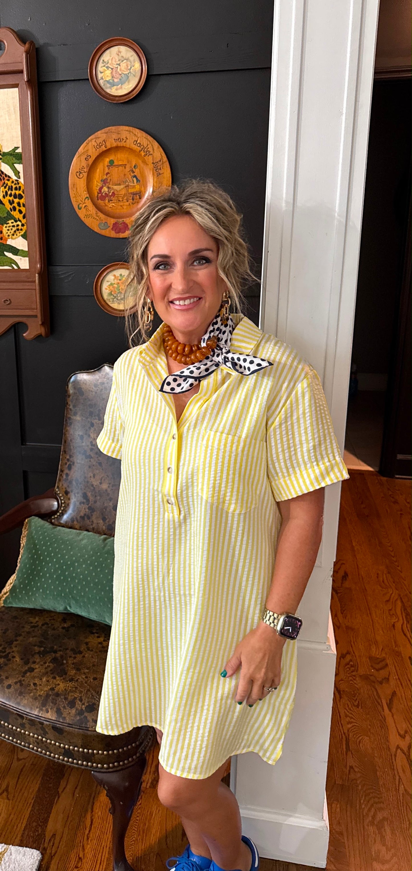 Striped Seersucker Easy Shirt Dress w Pockets