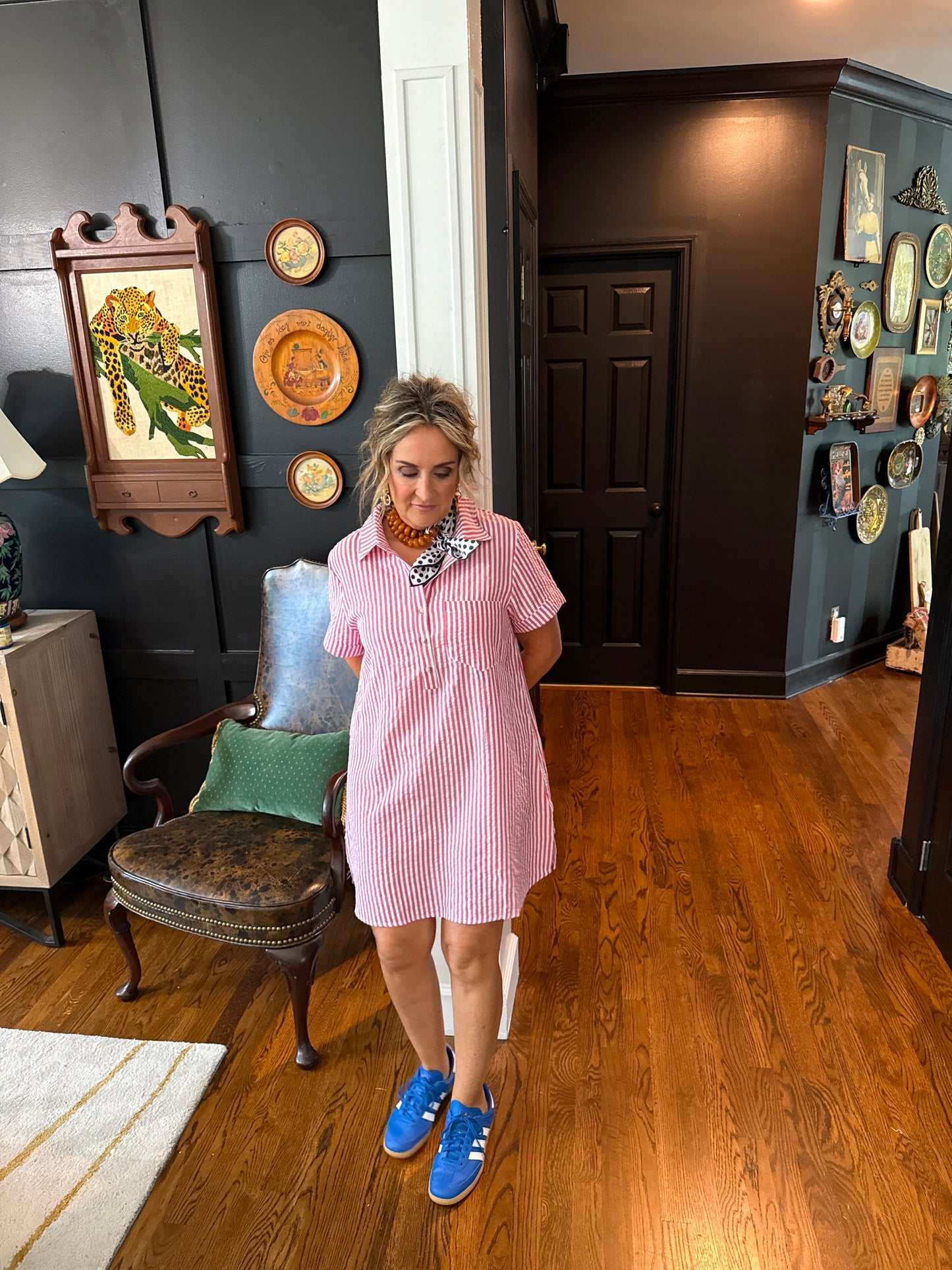Striped Seersucker Easy Shirt Dress w Pockets