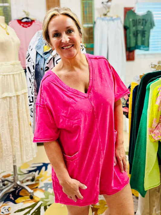 The Everyday Luxe Pocket Romper – Lightweight Relaxed Fit in Fuchsia & Orchid