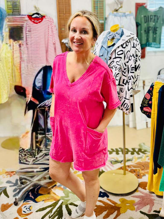 The Everyday Luxe Pocket Romper – Lightweight Relaxed Fit in Fuchsia & Orchid