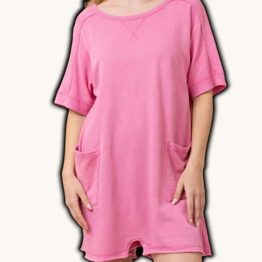 The Everyday Luxe Pocket Romper – Lightweight Relaxed Fit in Fuchsia & Orchid