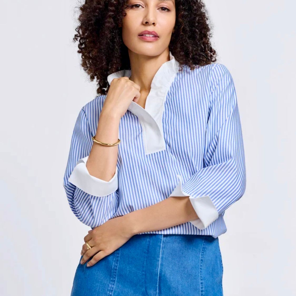 Tammy No Iron Pinpoint Striped 3/4 Sleeve Popover Shirt