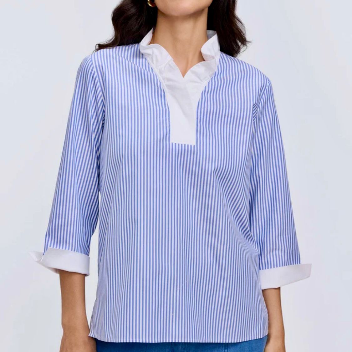 Tammy No Iron Pinpoint Striped 3/4 Sleeve Popover Shirt