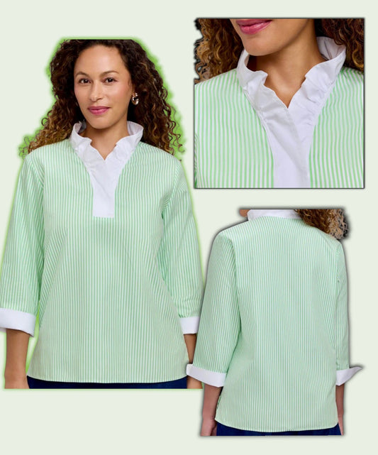 Tammy No Iron Pinpoint Striped 3/4 Sleeve Popover Shirt