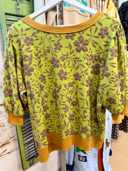 Vintage Floral Knit Sweater – Green & Brown Cottagecore Crewneck, Retro Oversized Pullover