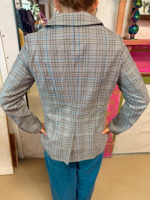 Vintage Plaid Denim Blazer – Y2K Double-Breasted Patchwork Jacket