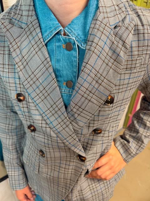 Vintage Plaid Denim Blazer – Y2K Double-Breasted Patchwork Jacket