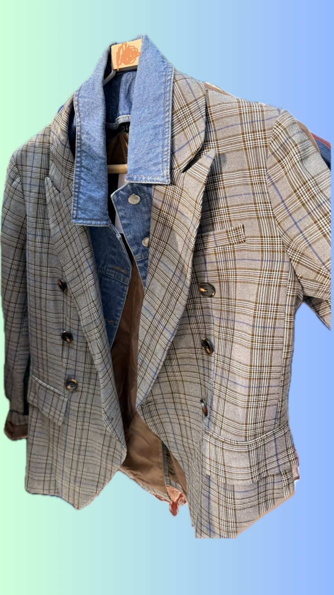 Vintage Plaid Denim Blazer – Y2K Double-Breasted Patchwork Jacket