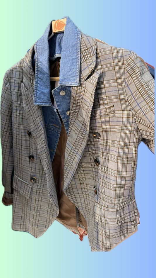 Vintage Plaid Denim Blazer – Y2K Double-Breasted Patchwork Jacket