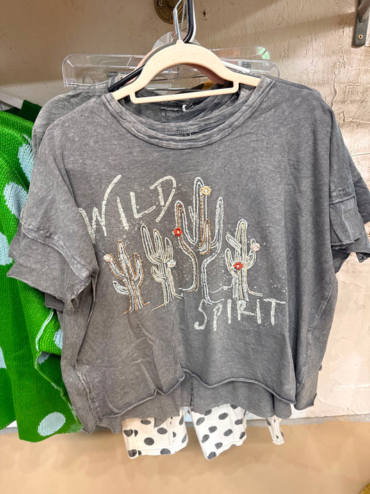 Vintage Western Cactus Graphic T-Shirt – Washed Gray Wild Spirit Tee