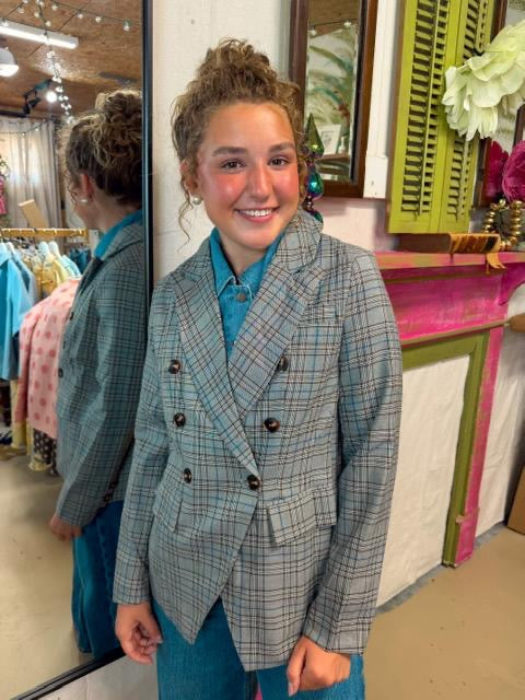 Vintage Plaid Denim Blazer – Y2K Double-Breasted Patchwork Jacket