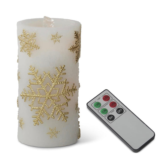 WHITE AND GOLD SNOWFLAKE LED WAX PILLAR CANDLE