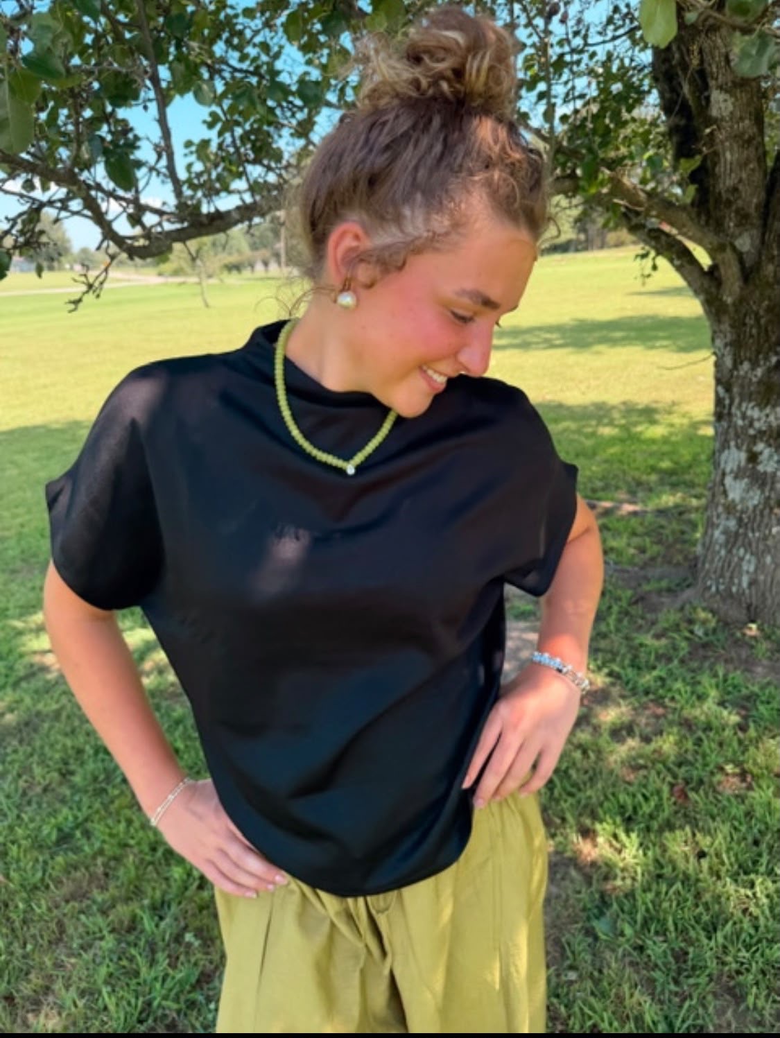 Women's Black Mock Neck Top – Relaxed Fit Short Sleeve Blouse, Minimalist Casual Everyday Shirt