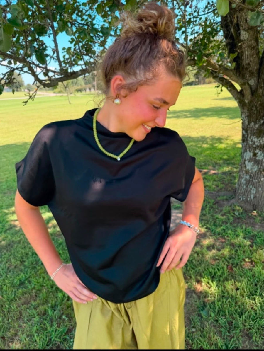 Women's Black Mock Neck Top – Relaxed Fit Short Sleeve Blouse, Minimalist Casual Everyday Shirt