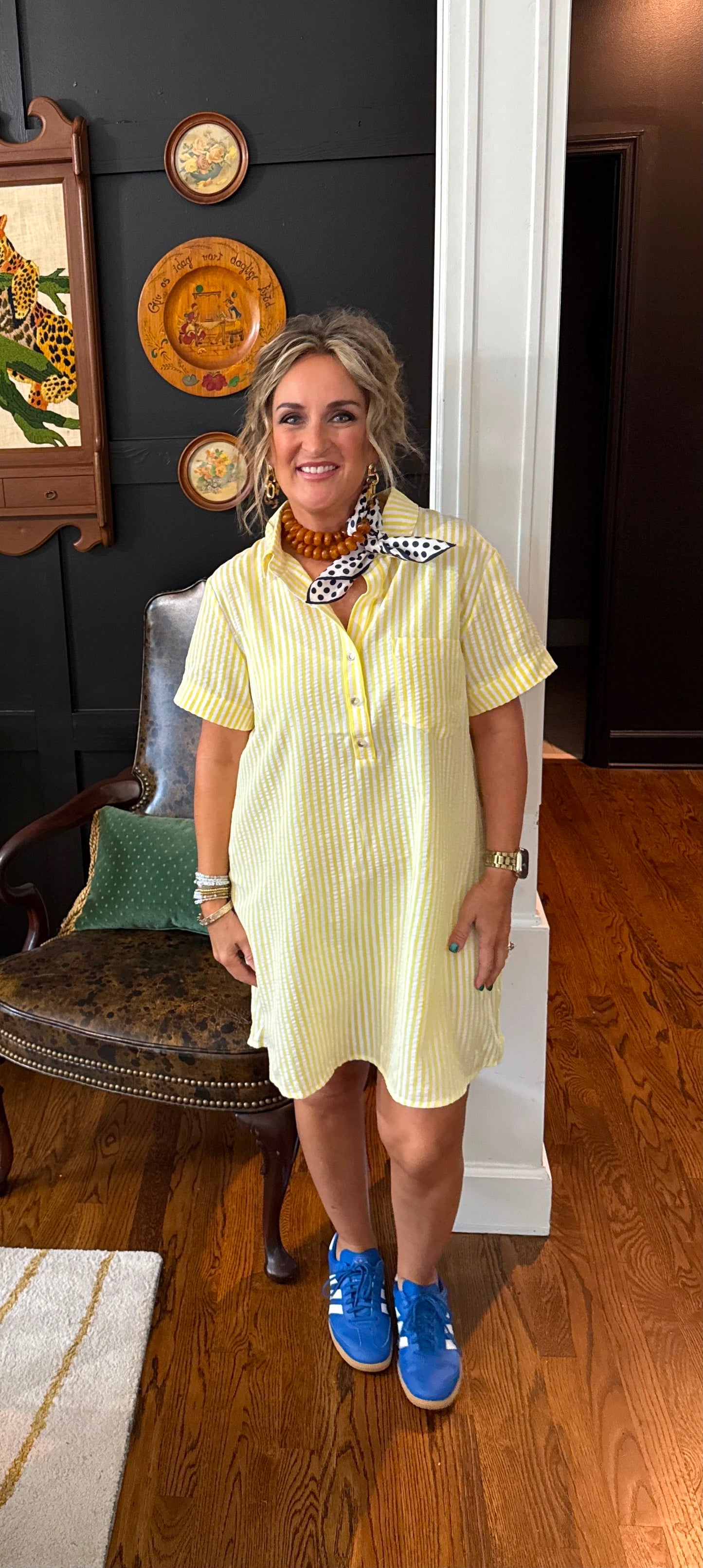 Striped Seersucker Easy Shirt Dress w Pockets
