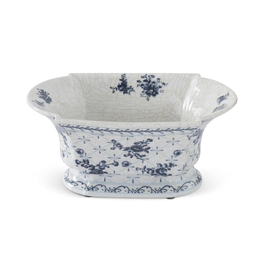 13 Inch White & Blue Floral Ceramic Oval Fluted Bowl